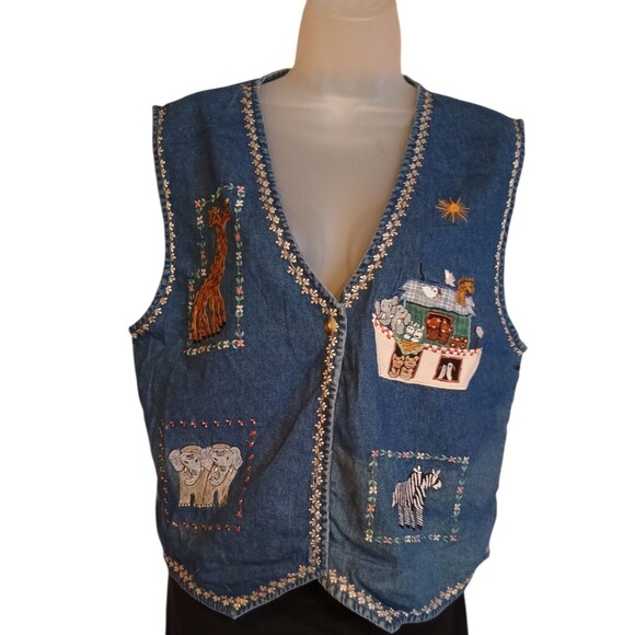 Christopher & Banks Denim Vest Embroidered Noahs Ark Size XL Blue Vintage - Picture 1 of 11